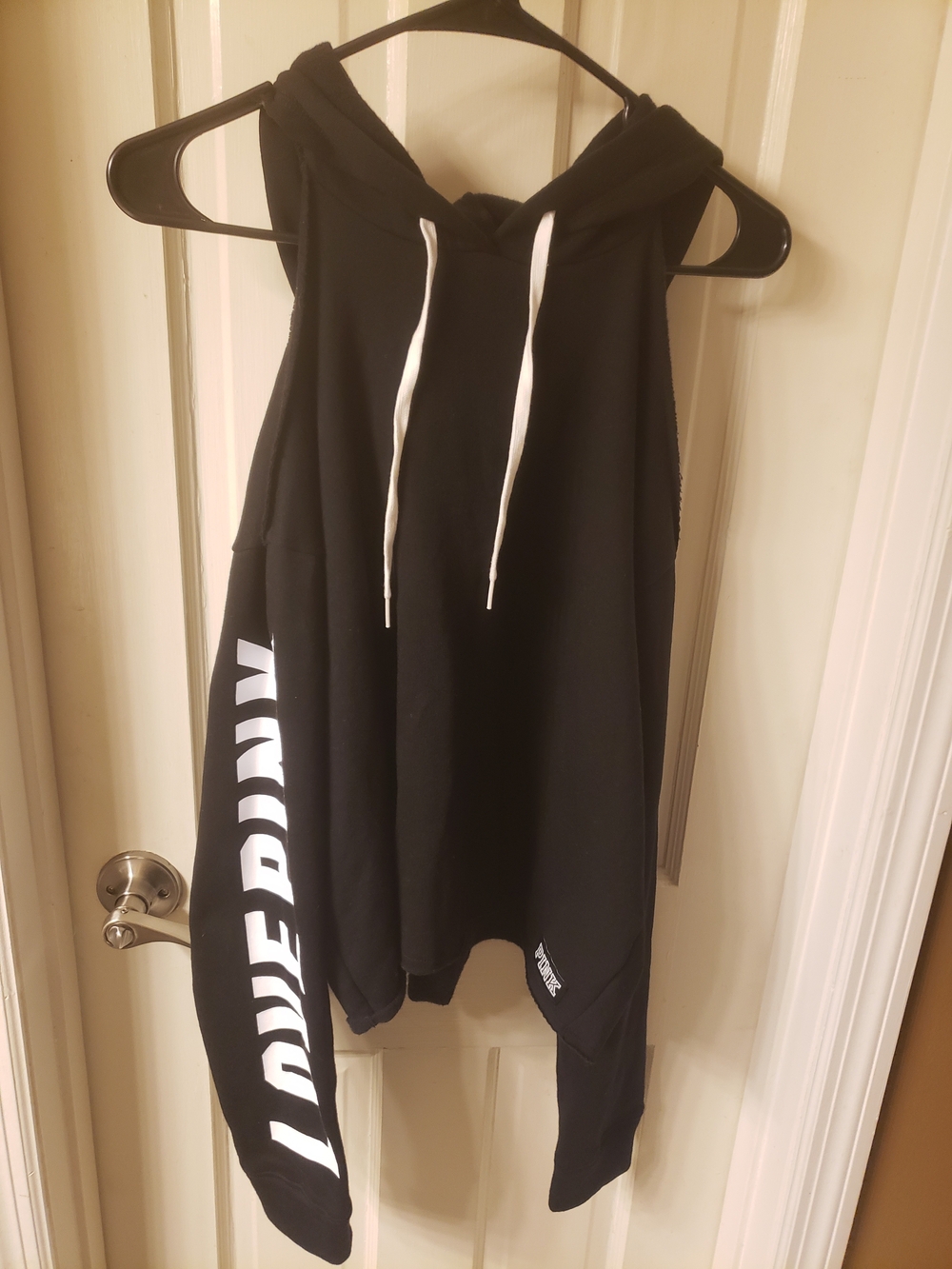 Victoria's Secret Black Sleeveless Hoodie with White Logo Drawstrings
